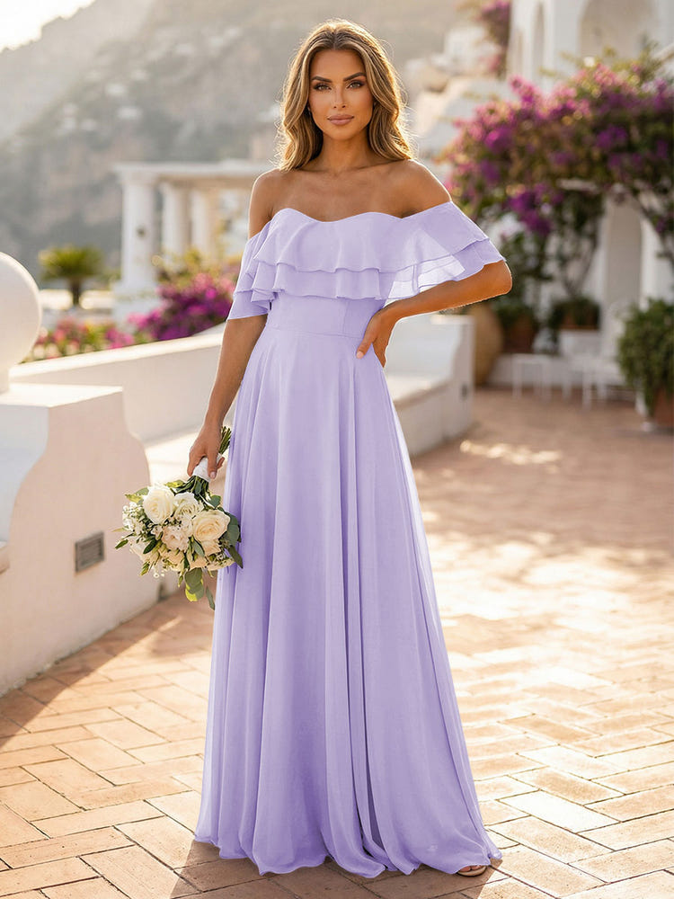 Off the Shoulder Bridesmaid Dresses with Tiered Ruffles
