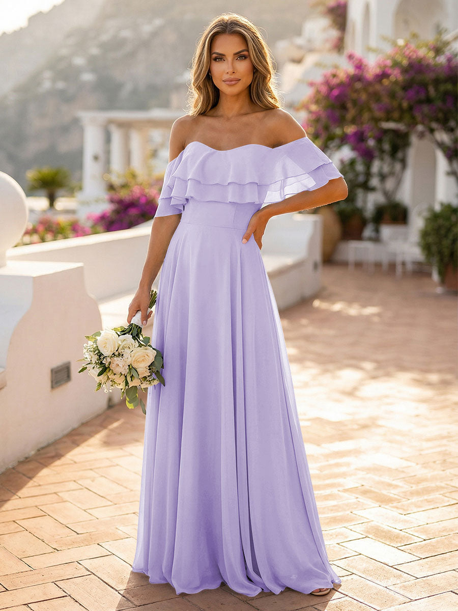 Off the Shoulder Bridesmaid Dresses with Tiered Ruffles