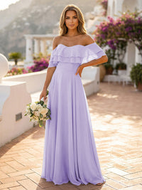 Off the Shoulder Bridesmaid Dresses with Tiered Ruffles