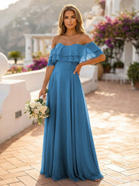Off the Shoulder Bridesmaid Dresses with Tiered Ruffles