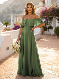 Off the Shoulder Bridesmaid Dresses with Tiered Ruffles