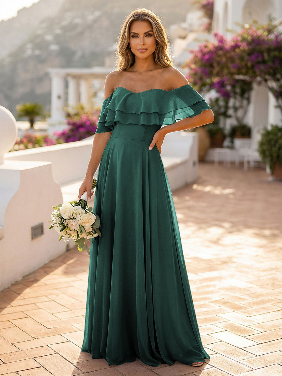 Off the Shoulder Bridesmaid Dresses with Tiered Ruffles