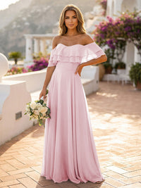 Off the Shoulder Bridesmaid Dresses with Tiered Ruffles