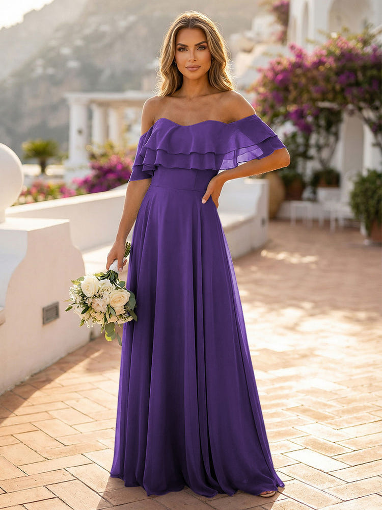 Off the Shoulder Bridesmaid Dresses with Tiered Ruffles