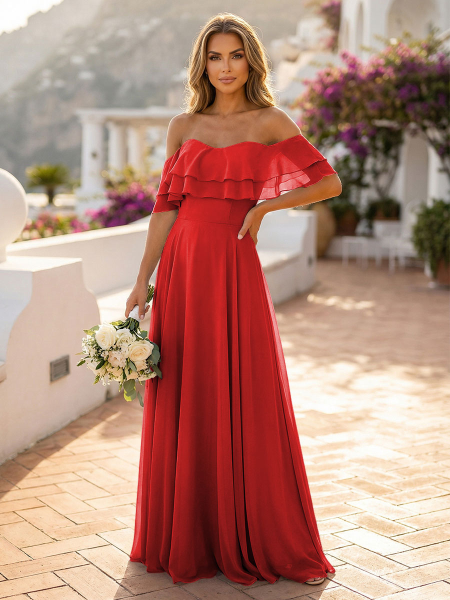 Off the Shoulder Bridesmaid Dresses with Tiered Ruffles