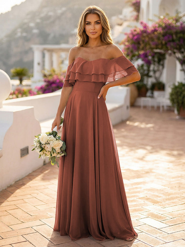 Off the Shoulder Bridesmaid Dresses with Tiered Ruffles