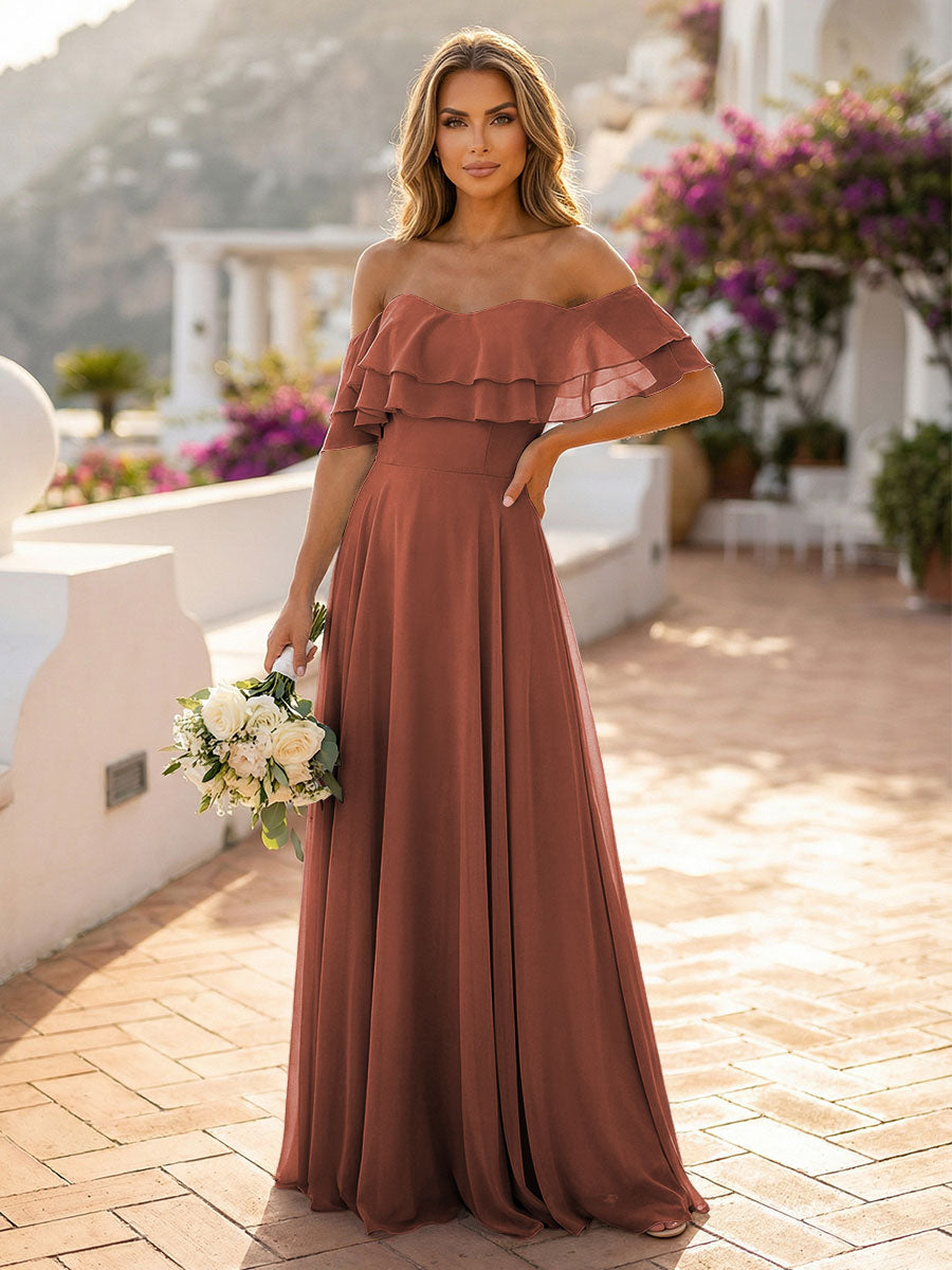 Off the Shoulder Bridesmaid Dresses with Tiered Ruffles