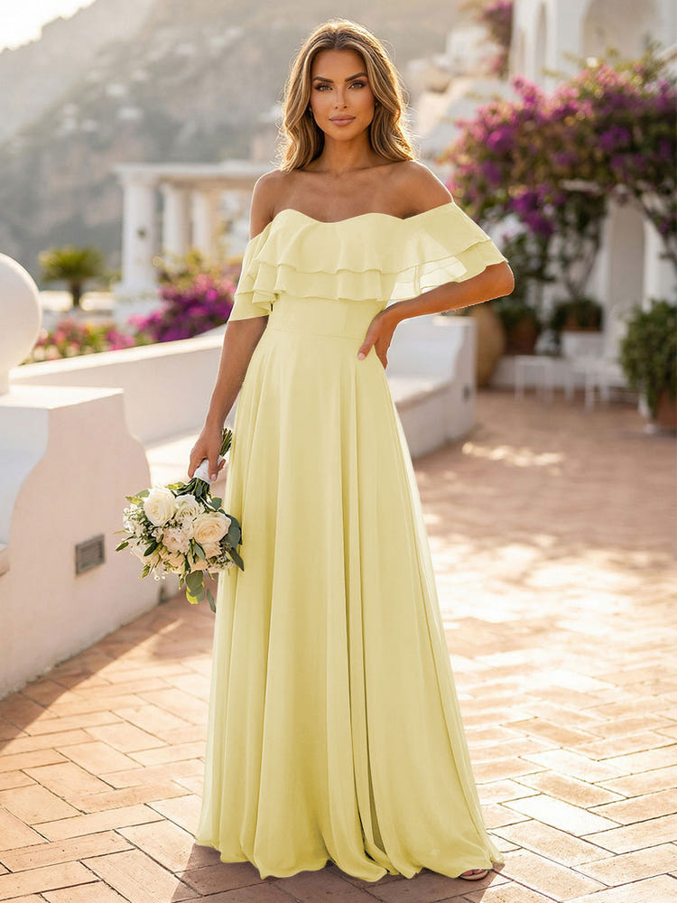 Off the Shoulder Bridesmaid Dresses with Tiered Ruffles