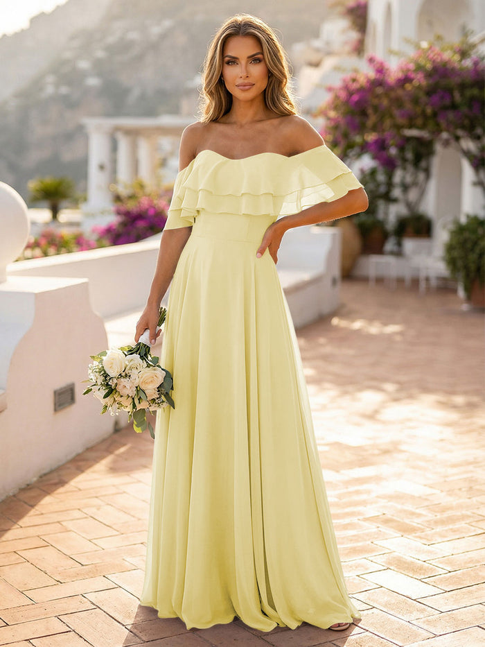 Off the Shoulder Bridesmaid Dresses with Tiered Ruffles