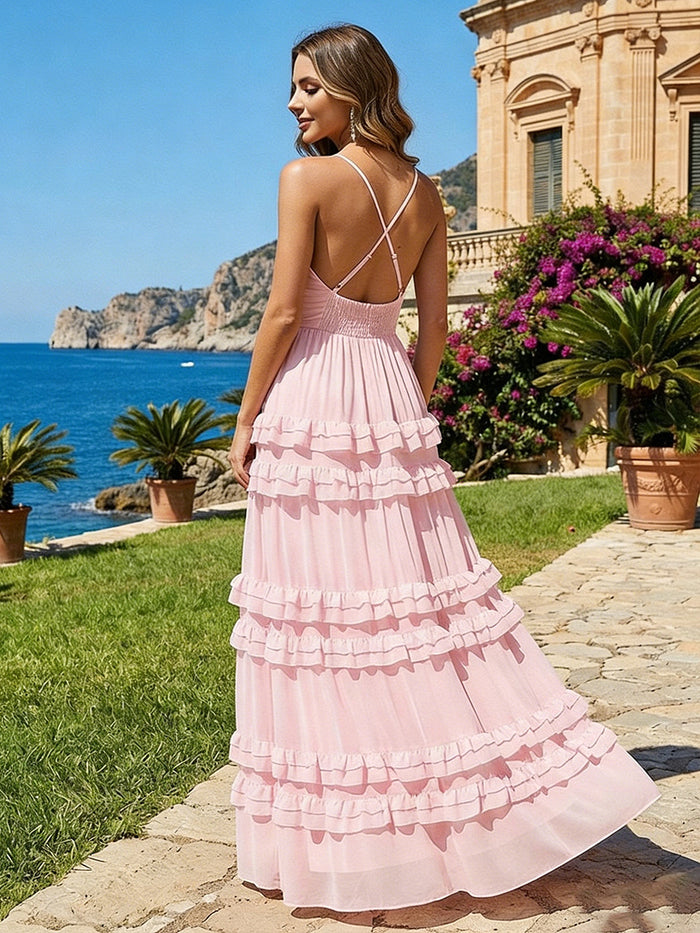 A Line V Neck Tiered Bridesmaid Dresses with Criss Cross Straps