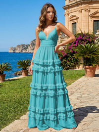 A Line V Neck Tiered Bridesmaid Dresses with Criss Cross Straps