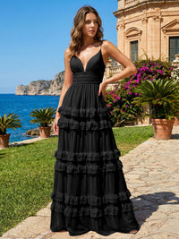 A Line V Neck Tiered Bridesmaid Dresses with Criss Cross Straps