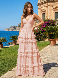 A Line V Neck Tiered Bridesmaid Dresses with Criss Cross Straps