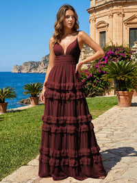 A Line V Neck Tiered Bridesmaid Dresses with Criss Cross Straps