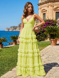 A Line V Neck Tiered Bridesmaid Dresses with Criss Cross Straps