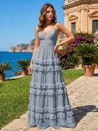 A Line V Neck Tiered Bridesmaid Dresses with Criss Cross Straps