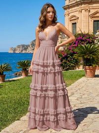 A Line V Neck Tiered Bridesmaid Dresses with Criss Cross Straps