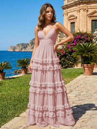 A Line V Neck Tiered Bridesmaid Dresses with Criss Cross Straps