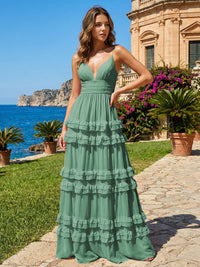 A Line V Neck Tiered Bridesmaid Dresses with Criss Cross Straps
