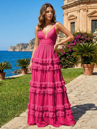 A Line V Neck Tiered Bridesmaid Dresses with Criss Cross Straps