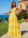 A Line V Neck Tiered Bridesmaid Dresses with Criss Cross Straps
