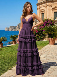 A Line V Neck Tiered Bridesmaid Dresses with Criss Cross Straps