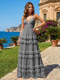 A Line V Neck Tiered Bridesmaid Dresses with Criss Cross Straps