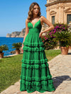 A Line V Neck Tiered Bridesmaid Dresses with Criss Cross Straps