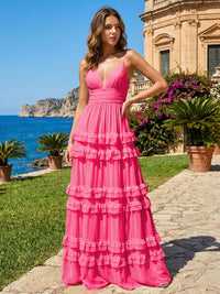 A Line V Neck Tiered Bridesmaid Dresses with Criss Cross Straps