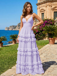 A Line V Neck Tiered Bridesmaid Dresses with Criss Cross Straps