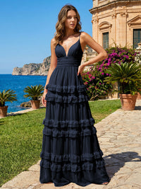 A Line V Neck Tiered Bridesmaid Dresses with Criss Cross Straps