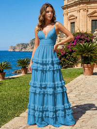 A Line V Neck Tiered Bridesmaid Dresses with Criss Cross Straps