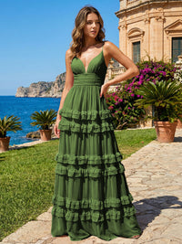 A Line V Neck Tiered Bridesmaid Dresses with Criss Cross Straps