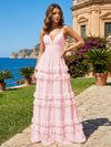 A Line V Neck Tiered Bridesmaid Dresses with Criss Cross Straps