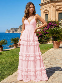A Line V Neck Tiered Bridesmaid Dresses with Criss Cross Straps
