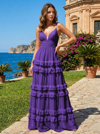A Line V Neck Tiered Bridesmaid Dresses with Criss Cross Straps
