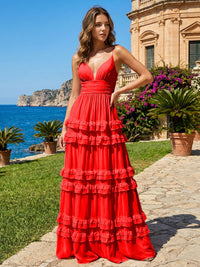 A Line V Neck Tiered Bridesmaid Dresses with Criss Cross Straps