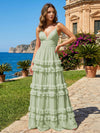 A Line V Neck Tiered Bridesmaid Dresses with Criss Cross Straps