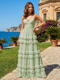 A Line V Neck Tiered Bridesmaid Dresses with Criss Cross Straps