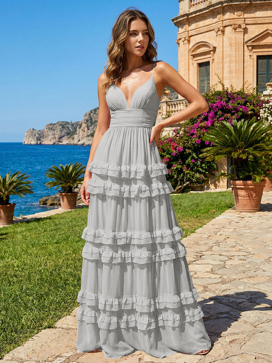 A Line V Neck Tiered Bridesmaid Dresses with Criss Cross Straps