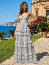 A Line V Neck Tiered Bridesmaid Dresses with Criss Cross Straps