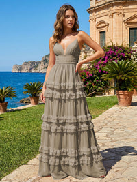 A Line V Neck Tiered Bridesmaid Dresses with Criss Cross Straps