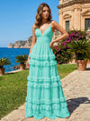 A Line V Neck Tiered Bridesmaid Dresses with Criss Cross Straps