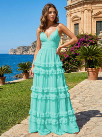 A Line V Neck Tiered Bridesmaid Dresses with Criss Cross Straps
