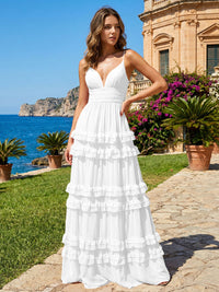 A Line V Neck Tiered Bridesmaid Dresses with Criss Cross Straps