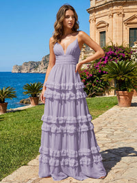 A Line V Neck Tiered Bridesmaid Dresses with Criss Cross Straps