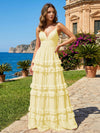 A Line V Neck Tiered Bridesmaid Dresses with Criss Cross Straps