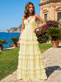 A Line V Neck Tiered Bridesmaid Dresses with Criss Cross Straps