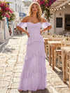 Chiffon Off the Shoulder A Line Long Bridesmaid Dresses with Ruffles