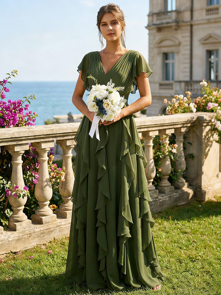 a-line v-neck floor-length chiffon bridesmaid dress with ruffle Gracins Olive Green A Line V Neck Dresses Flying Sleeves 2026 Web Collection: Jersey Dresses Long Sleeve Open Back Color:Blue Pink Geo line/Princess;Neckline